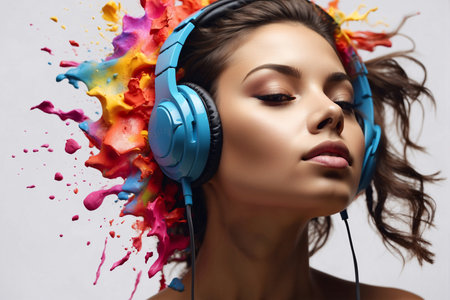 Creative music background. Portrait of beautiful young woman with headphones and colorful splashes on white background. Generated with AIの素材