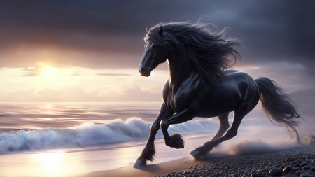 Black horse running on the seashore at sunset. 3d render. Generated with AIの素材