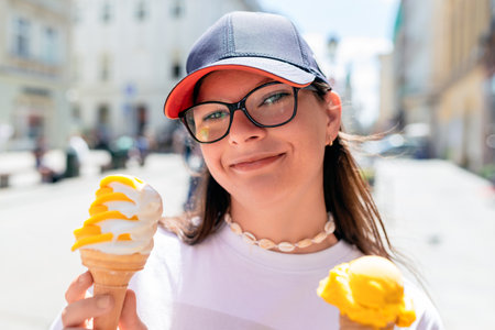 Portrait of a young woman with ice cream in the city.の写真素材