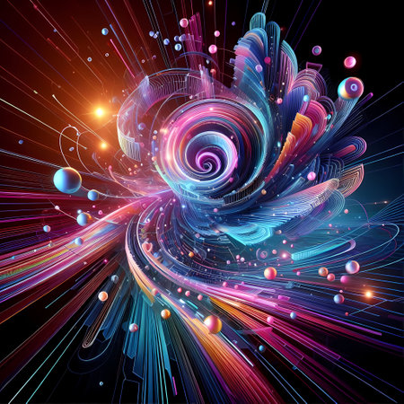 Abstract 3D Futuristic Design with Fluorescent Colors and Dynamic Swirling Dimensionsの写真素材