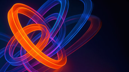 Abstract 3D Neon Design with Fluorescent Orange and Blue Swirling Shapes on Dark Backgroundの写真素材