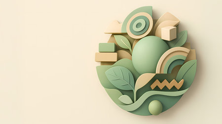 Abstract 3D Eco-Friendly Design with Geometric Shapes and Green Leaves in Pastel Colorsの写真素材