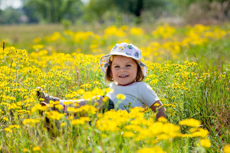 Child sitting in a sunny meadow surrounded by yellow wildflowers, wearing a floral sunhat and enjoying a carefree summer day outdoors in the countrysideの写真素材