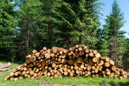 Stacked timber logs in conifer forest clearing, cut wood trunks piled high as renewable natural resource, forestry industry background on sunny dayの写真素材