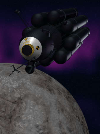 illustration (3d render) of fantasy spacecraft and moon