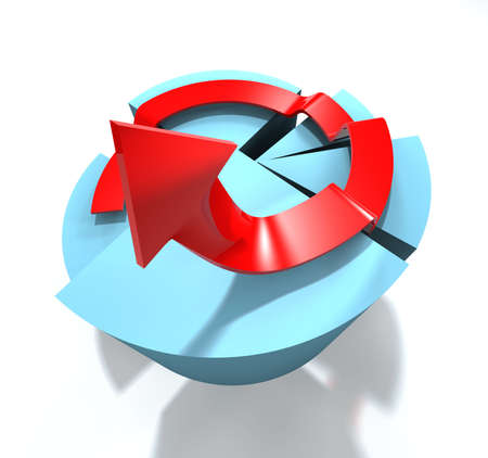 Digital illustration of a blue 3D pie chart with rising flat red arrow
