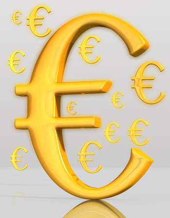 Big golden Euro symbol with some small Euro symbols on gray backgroundの写真素材