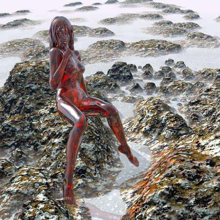 3D red glass woman sitting in fantasy rocky and foggy environmentの写真素材