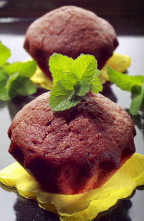 Two home made chocolate muffins with green melissa leaves. Focus on first muffin.の写真素材