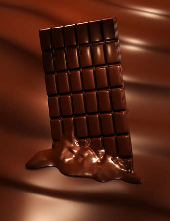 3D render of melting chocolate bar on wavy chocolate backgroundの写真素材
