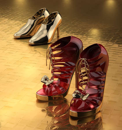 3D render of two pairs (red and golden) shoes on golden floorの写真素材