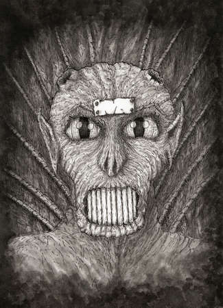 Portrait of a fantasy daemon. Black ink wash drawing on paper.の写真素材