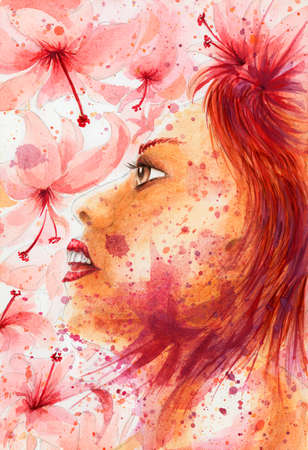 Grunge abstract woman portrait over flowery background. Watercolor on coarse paper.の写真素材