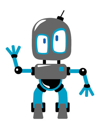 Funny blue and grey cartoon robot or alien, with radio antenna on the head, waving hand, isolated on whiteのイラスト素材
