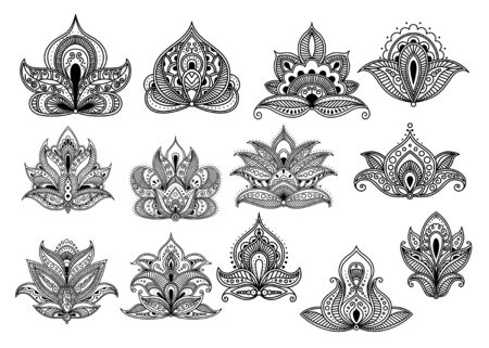 Large set of ornate black and white paisley vector floral design elements or motifs with intricate patternsのイラスト素材