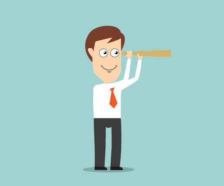 Smiling businessman with spyglass looking for future trends and business opportunities to change strategy. Cartoon flat styleのイラスト素材