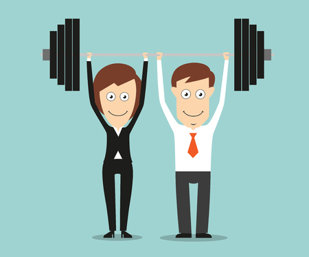 Business colleagues holding a heavy barbell above heads for teamwork or partnership business concept design. Cartoon flat styleのイラスト素材