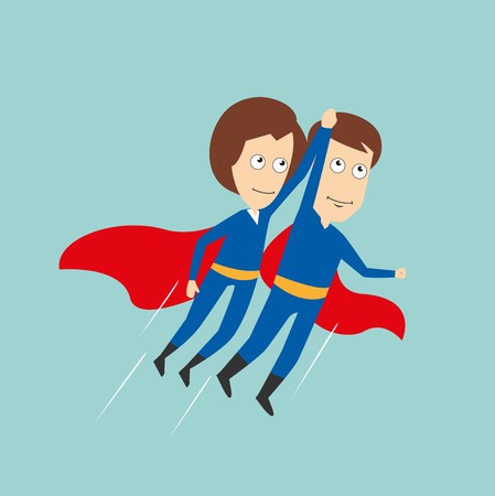 Business woman and businessman in superhero costumes with red capes flying up holding hands, for super business team or partnership concept design. Cartoon flat styleのイラスト素材