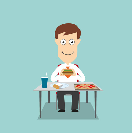 Businessman sitting at table and eating fast food lunch with pizza, hamburger, french fries and soda. Cartoon flat styleのイラスト素材
