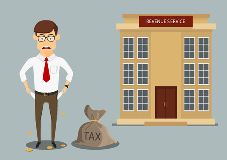 Sad penniless businessman showing empty pockets after paying taxes, for debts or bankruptcy themes design. Cartoon flat styleのイラスト素材