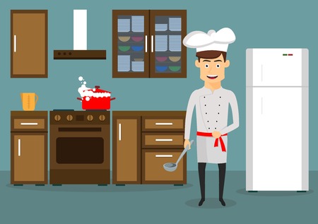 Smiling young man in chef hat and tunic cooking in kitchen at home. Cartoon flat styleのイラスト素材