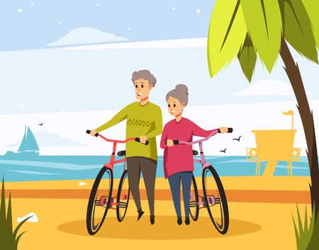 Senior couple or old man and woman with bicycles on beach. Vector people on holiday vacation or travel and sport at sea or ocean seascape with palm, waves and seagullsのイラスト素材