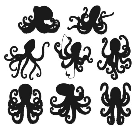 Octopus with curved tentacles vectorblack silhouettes. Marine animals with arms and suckers holding surfboard, underwater wildlifeのイラスト素材