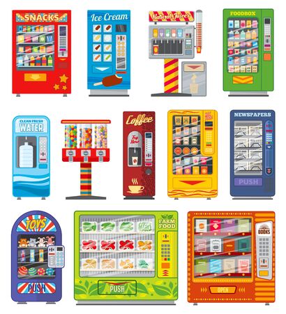 Vending machine vector design of snack food, soda and coffee drink automatic selling. Candy, water and juice dispensers, soft beverage bottles and cans, sandwiches, chocolate, ice cream and newspaperのイラスト素材