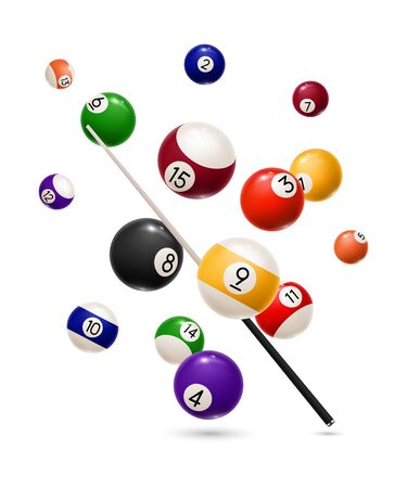 Billiard balls and cue realistic design of sport game. Vector snooker or pool billiard equipment of colorful balls with numbers and wooden cue stick, competition, leisure activity and gambling gameのイラスト素材