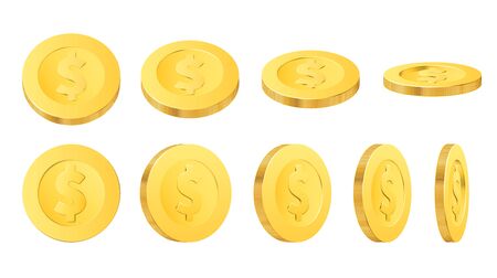 Golden dollar coins, isolated realistic gold money, currency or cash vector design.のイラスト素材