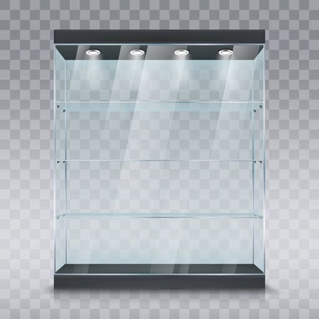Glass showcase or display cabinet realistic vector mockup stand with glass shelves and spotlights on transparentのイラスト素材