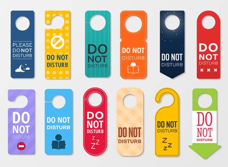 Do not disturb vector door hanger signs. Hotel room door handle or knob tags, labels or cards with do not disturb, prohibition or warning signs, quiet, sleep or busy messages for motel, resort, officeのイラスト素材