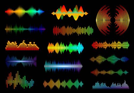 Equalizer sound waves, music audio frequency waveform isolated vector lines. Set of digital player hud for sound recognition technology or tune bar, recorder signal. Song studio equalizer graphsのイラスト素材