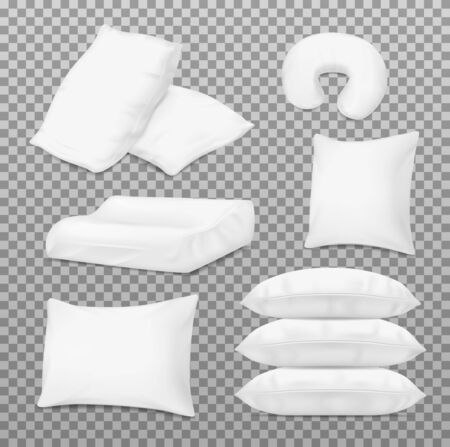 Pillows and bed cushions, vector realistic 3D white mockup templates. Inflatable travel cushion and orthopedic neck pillow, fluffy feather down pillows pileのイラスト素材