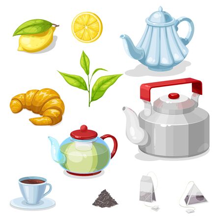 Tea vector set with green leaves, cup or mug of hot beverage, teapots and bags of black and herbal tea, kettle, croissant and lemon. Breakfast drink, pastry dessert and kitchen utensils designのイラスト素材