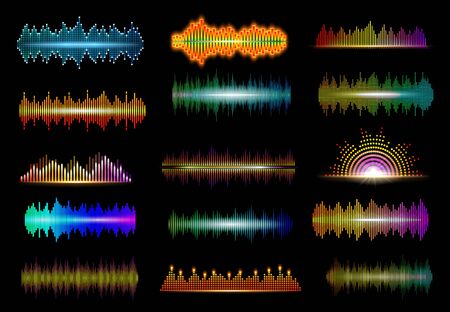 Neon sound waves of music digital equalizer vector design of audio technology. Music wave abstract...