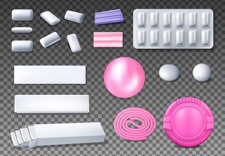 Chewing gum package vector mockups. Realistic bubblegum bubble, blister pack of mint or menthol pads, sticks and ribbon gum, coated dragee, pillows, pellets, tabs, plastic box and foil wrapping paperのイラスト素材