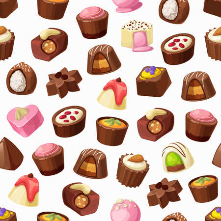 Chocolate candies, truffles and praline seamless pattern. background of sweet food and chocolate desserts, caramel, nuts and coconut, coffee, milk cream and nougat, confectionery backdropのイラスト素材