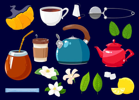 Tea icons isolated vector set of flowers, croissant, green or black tea plant and mint leaves. Cane sugar cubes and pack, teapot and cup. Lemon, potter and white blossoms with strainer cartoon objectsのイラスト素材