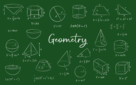 Geometric shape chalk sketches on blackboard, vector education and back to school background. Math formulas, equation, diagrams and proof, circles, squares, spheres and triangles on chalkboardのイラスト素材