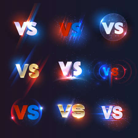 Versus or VS vector icons of sport game competition, symbols of fight, battle, team challenge and boxing duel. Red, blue, white and gold VS emblems with neon lights, glowing lines and sparklesの写真素材