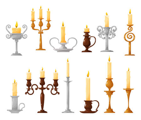 Candlestick with burning candle cartoon vector icons. Candle holder and vintage candelabra with melted wax and fire flame isolated symbols of Christmas and Halloween holiday celebration designのイラスト素材