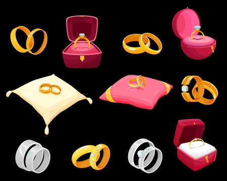 Golden rings in luxury boxes for wedding or engagement vector icons. Gold jewelry decorated with precious gemstones lying on soft pillow or red cases of square and round shape isolated cartoon setのイラスト素材