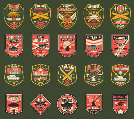 USA military chevrons vector icons, stripes for tank division, artillery and anti-aircraft special squad, armored troops, flak and howitzer. Isolated US army insignia with tanks, cannons or swords setのイラスト素材
