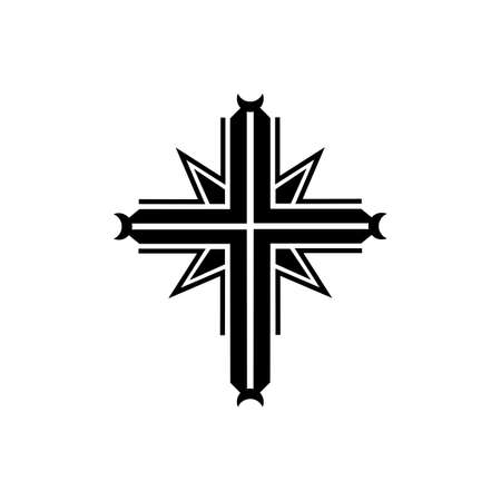 Ornate religious cross isolated monochrome icon. Vector christianity symbol, silhouette of medieval orthodox, ornamental symbolic sacrifice mascot. Saint medieval cross print, holy worship emblemのイラスト素材