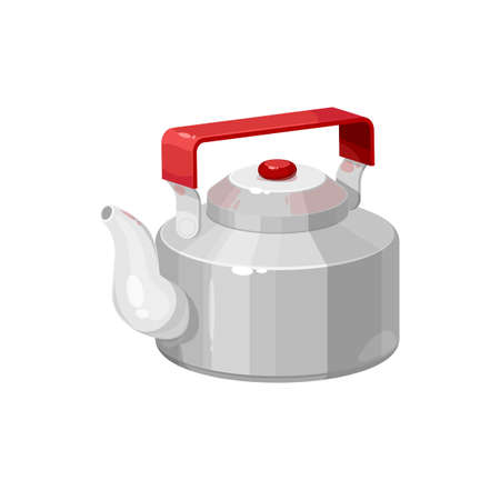 Retro tea pot with red handle isolated kettle with hot drink. Vector teapot with cap, tea-kettle of stainless steel. Kitchen utensils, household appliance to boil water, tea or coffee making deviceのイラスト素材