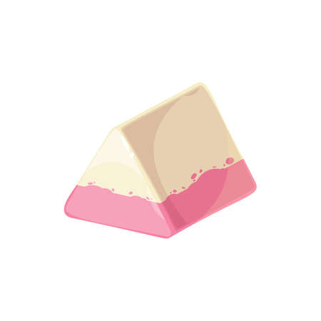 Candy with white chocolate and strawberry cream isolated cheesecake icon. Vector triangle or pyramid...