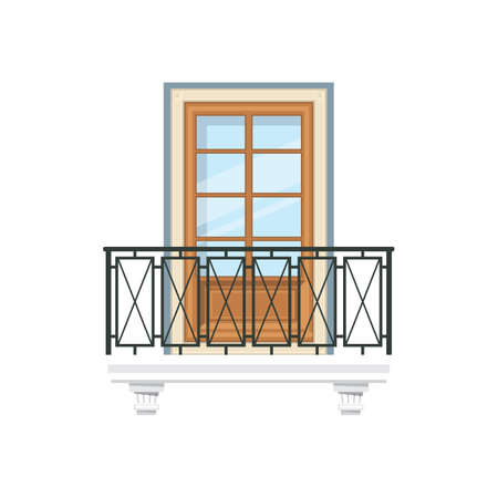 Balcony with metal railing or balustrade isolated home facade construction. Vector balcony of house or apartment building, architecture element. Facade exterior design, doorway and iron forged fenceのイラスト素材