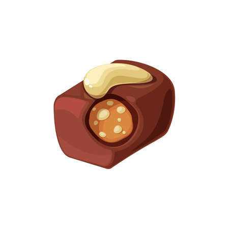 Choco sweets isolated candy with white chocolate topping and nougat with nuts. Vector confectionery snack, cocoa homemade sweet praline with vanilla cream, treat with ganache caramel one candyのイラスト素材