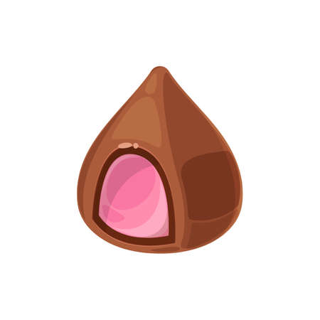 Bitten chocolate candy with pink cream isolated realistic confectionery item. Vector delicious chocolate treat, 3D of glossy cocoa sweets with jam, praline confection with nougat, sweet dessertのイラスト素材